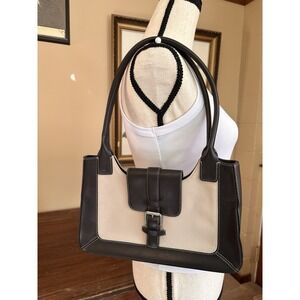 Vintage 90's Y2K LOFT Cream Canvas & Brown Leather Shoulder Bag/Purse